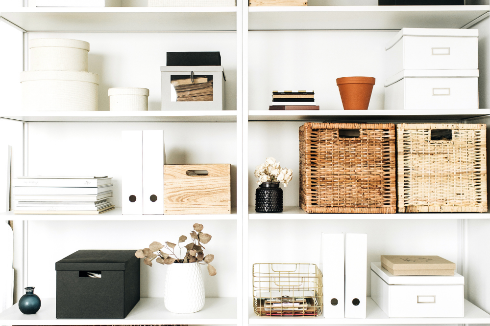 shelving full of baskets and storage