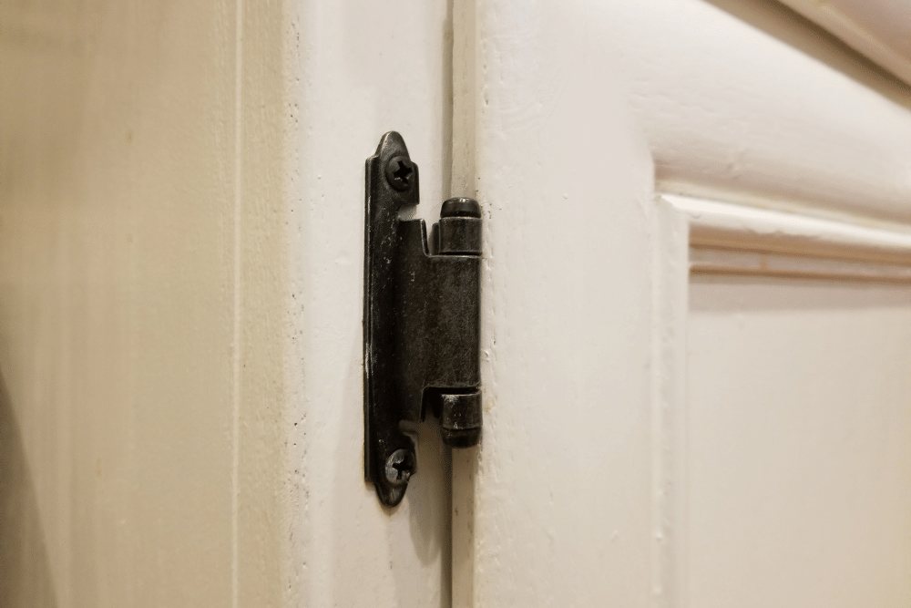 metal door hinge on a white door