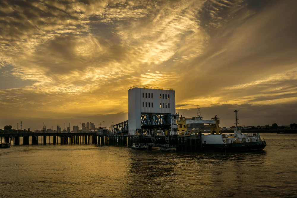 woolwich ferry in london at dusk