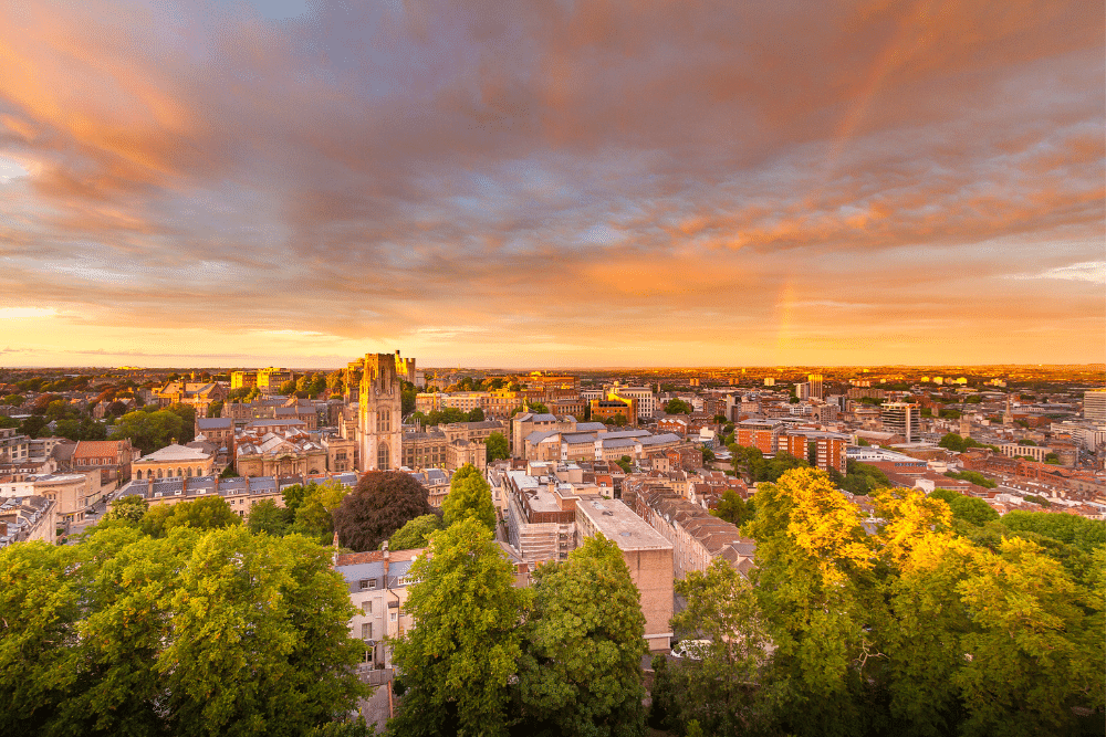 a city view of bristol at sunset
