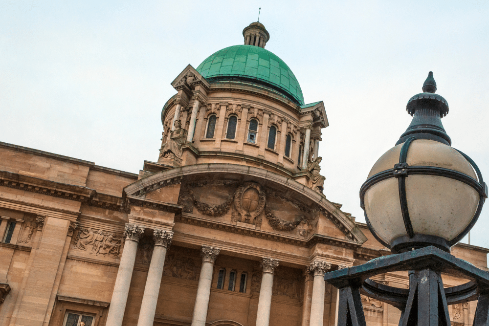 hull city hall with a lamp post in the foreground