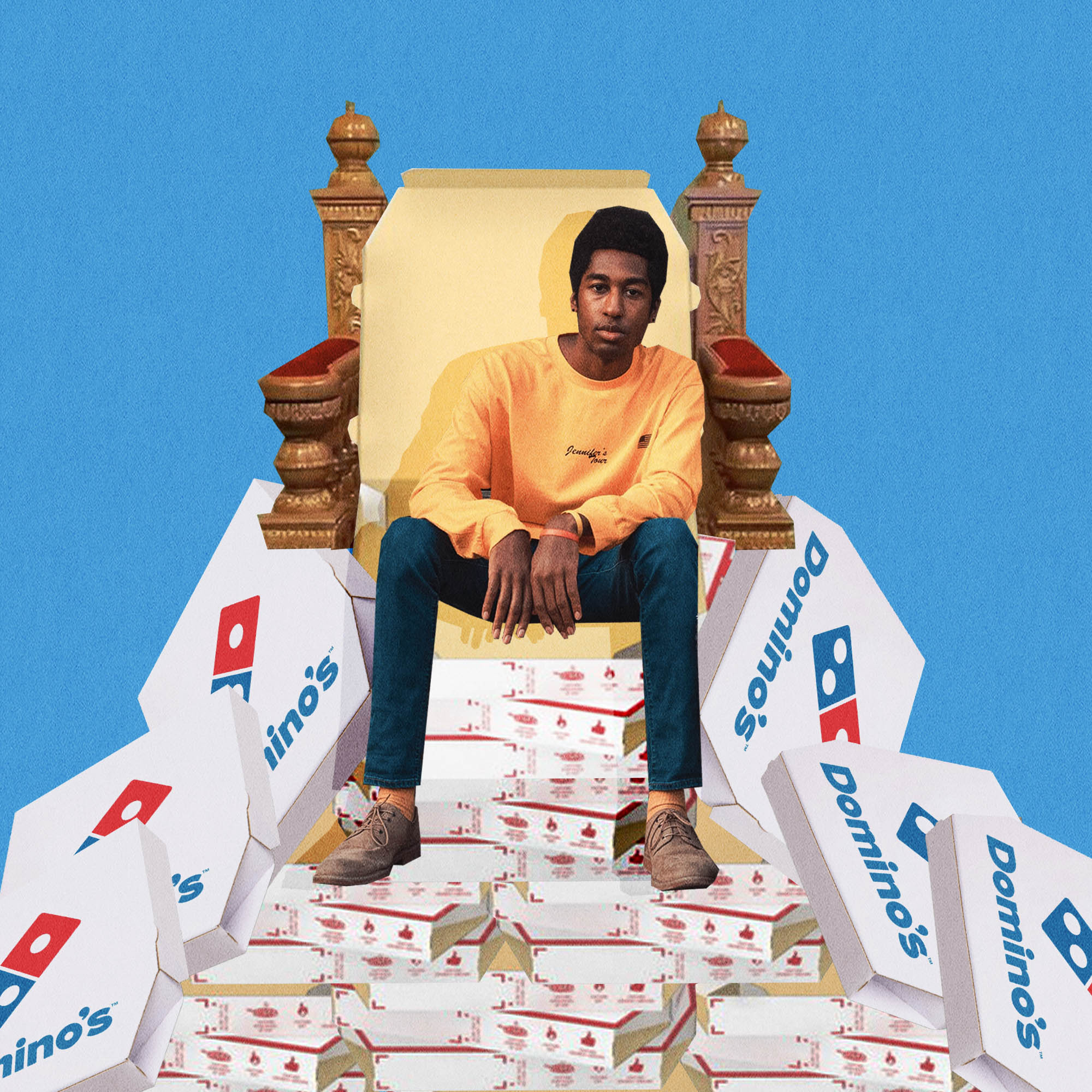 person standing on top of boxes of dominos illustration