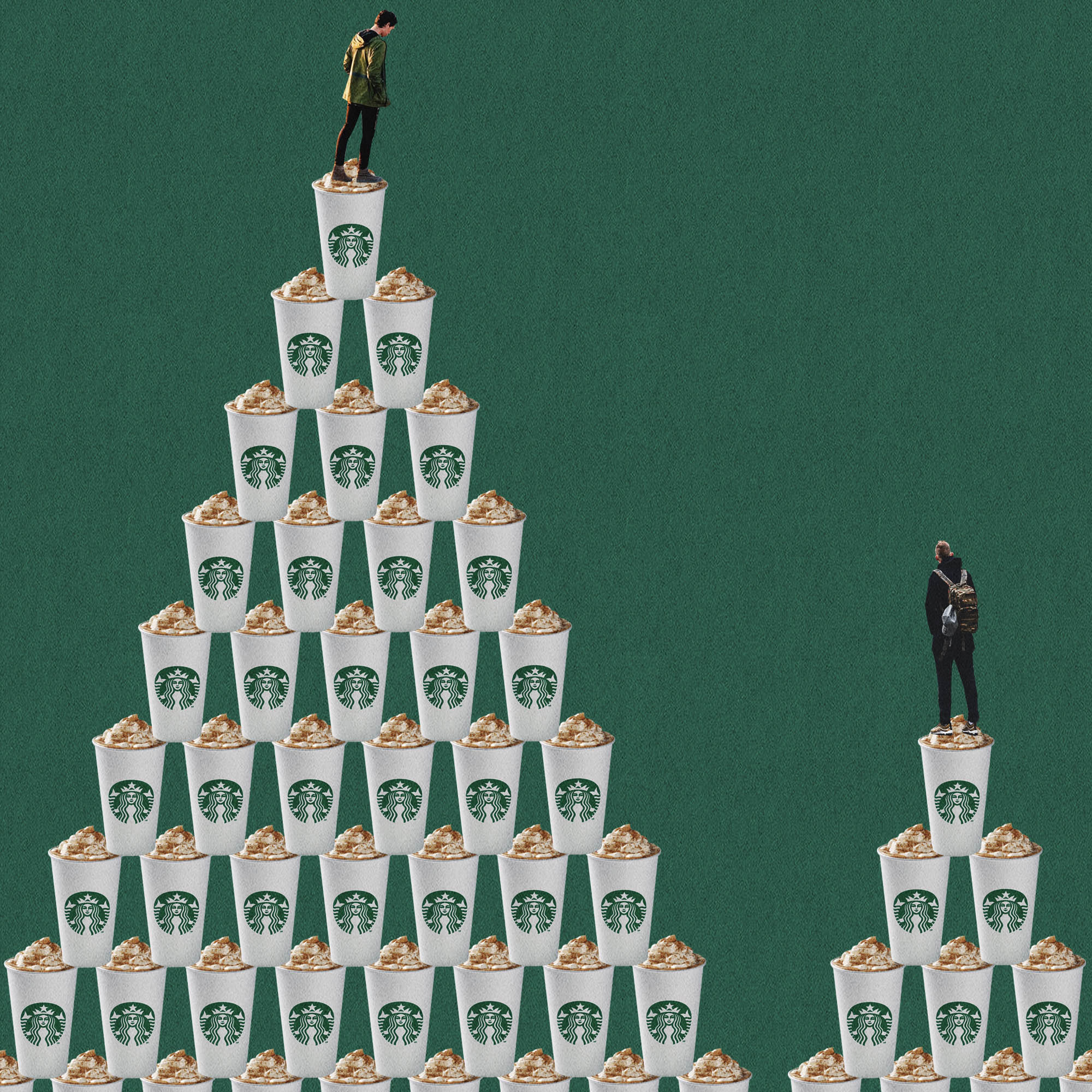 People standing on top of Starbuck coffee cups pyramid