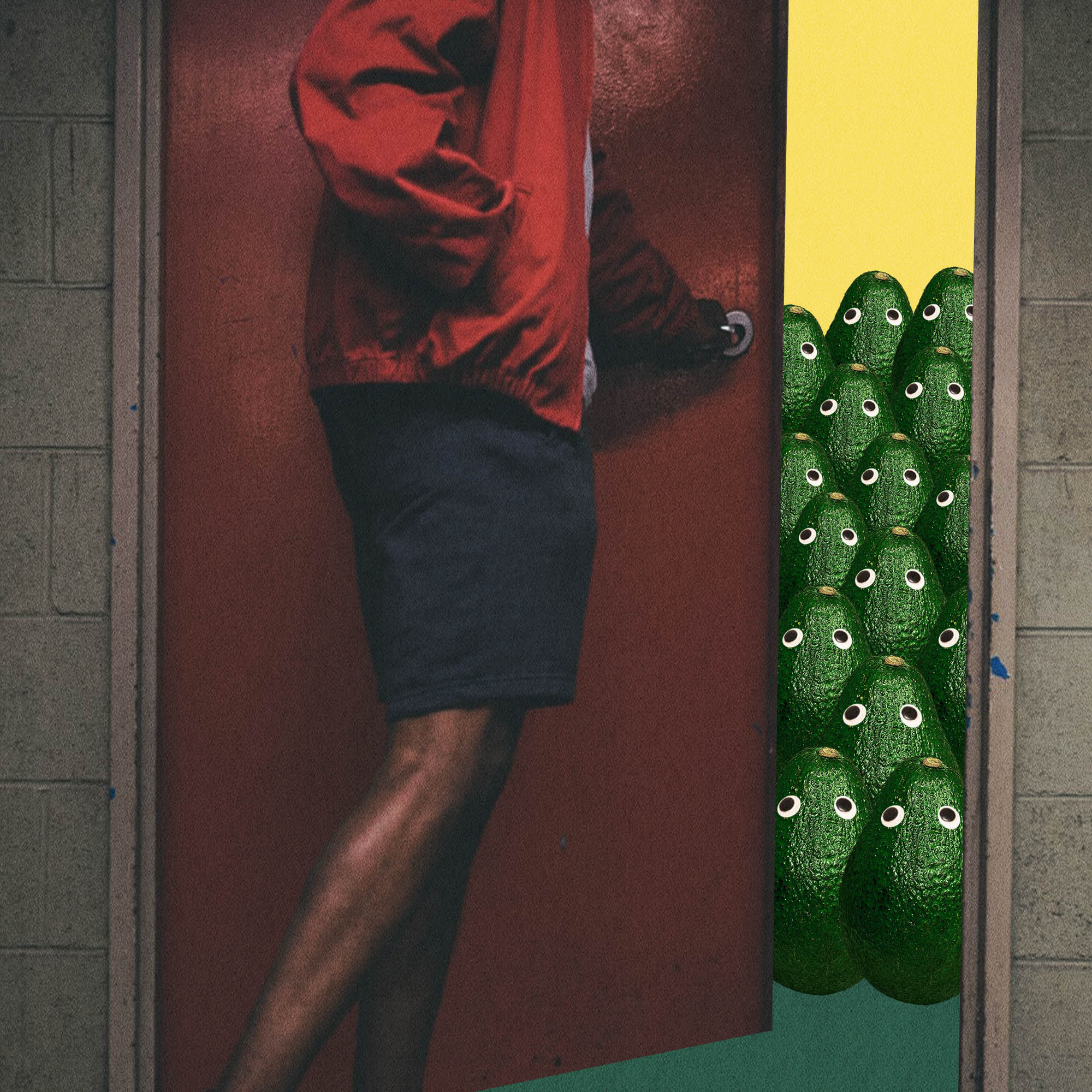 man opening a door to a room full of avocados, illustration
