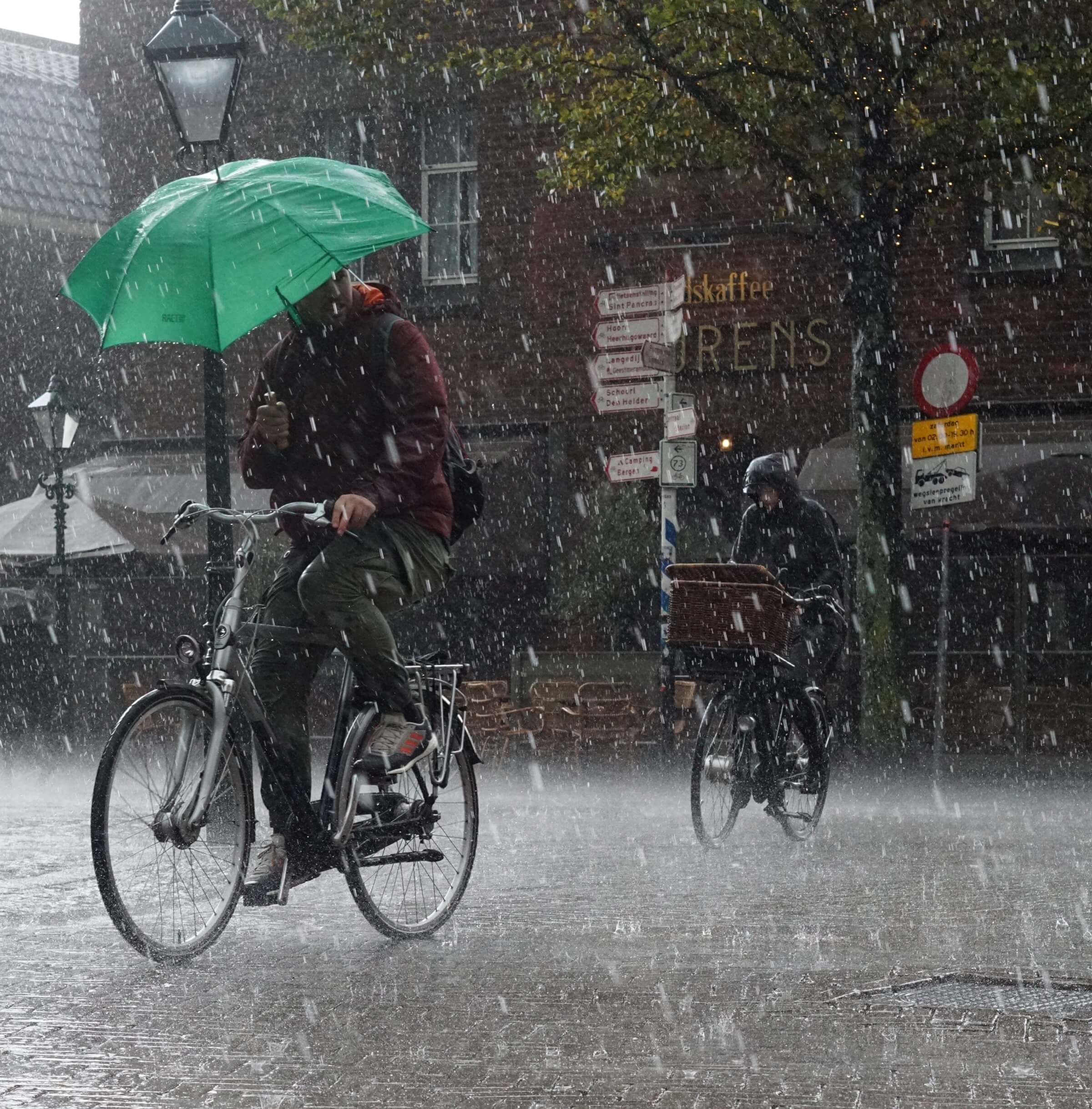 peron on bicycle in rain